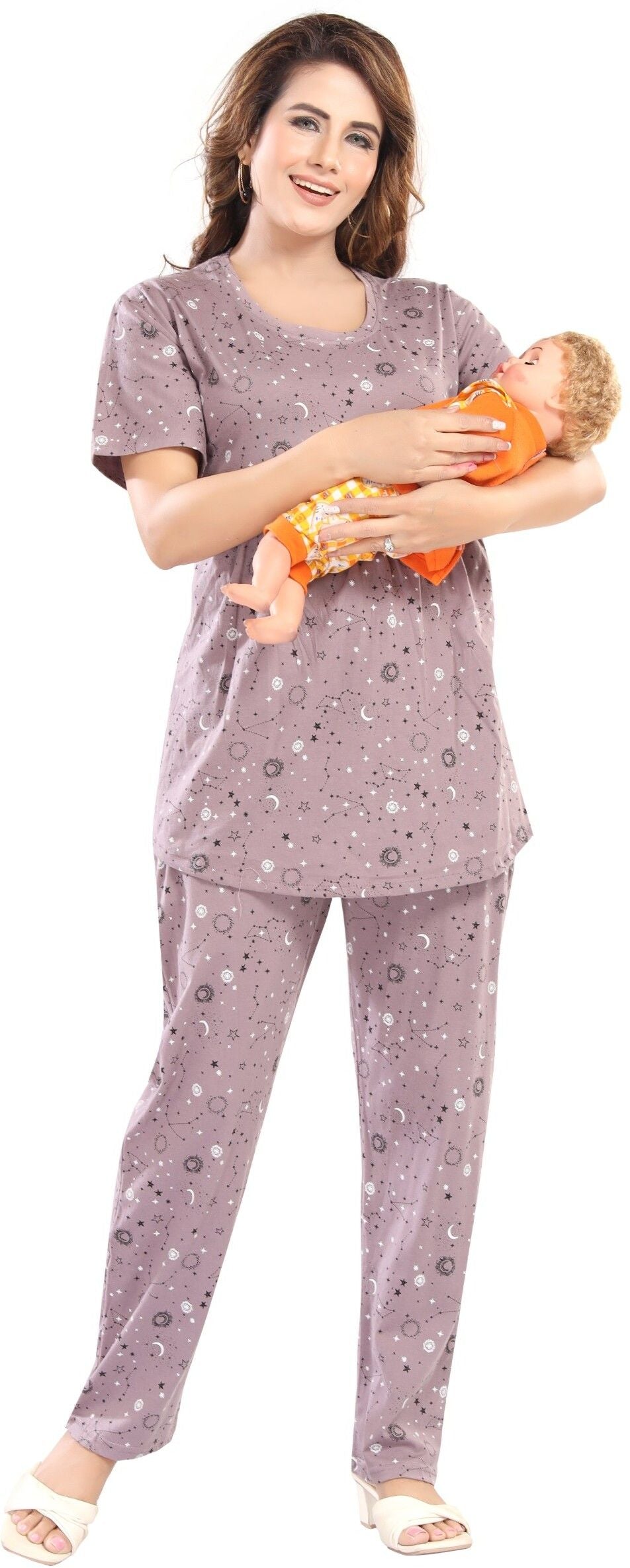 Fabme Pure Cotton Knit Half Sleeves Printed Night Suit - Purple Grey