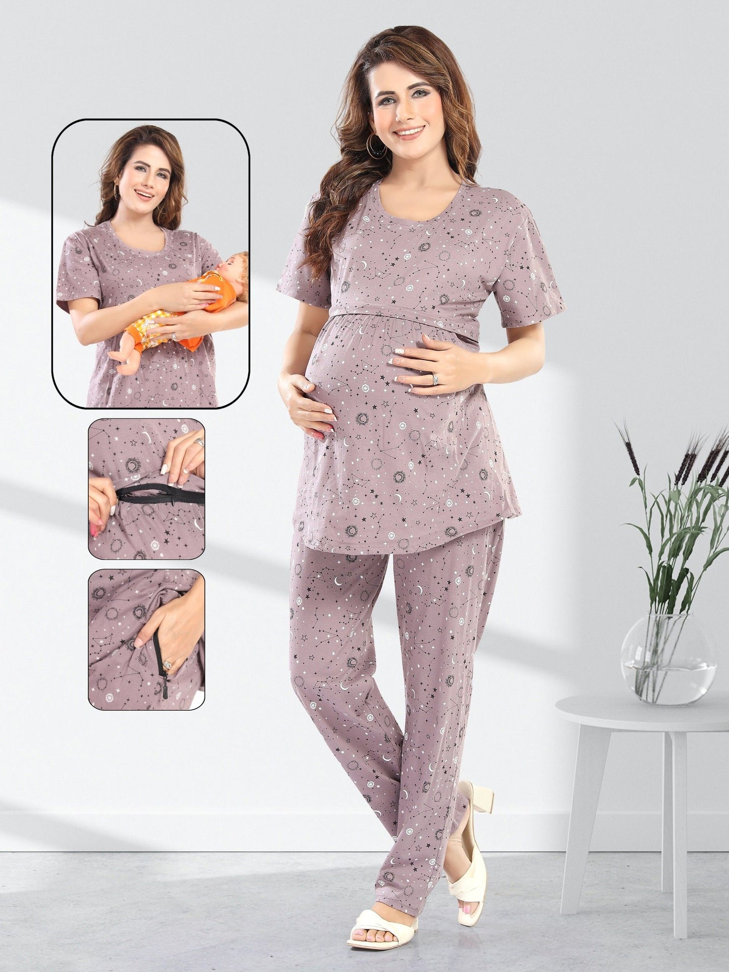 Fabme Pure Cotton Knit Half Sleeves Printed Night Suit - Purple Grey