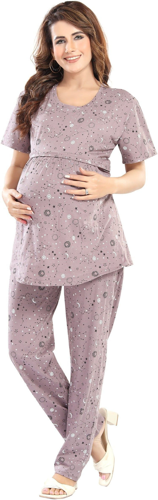 Fabme Pure Cotton Knit Half Sleeves Printed Night Suit - Purple Grey