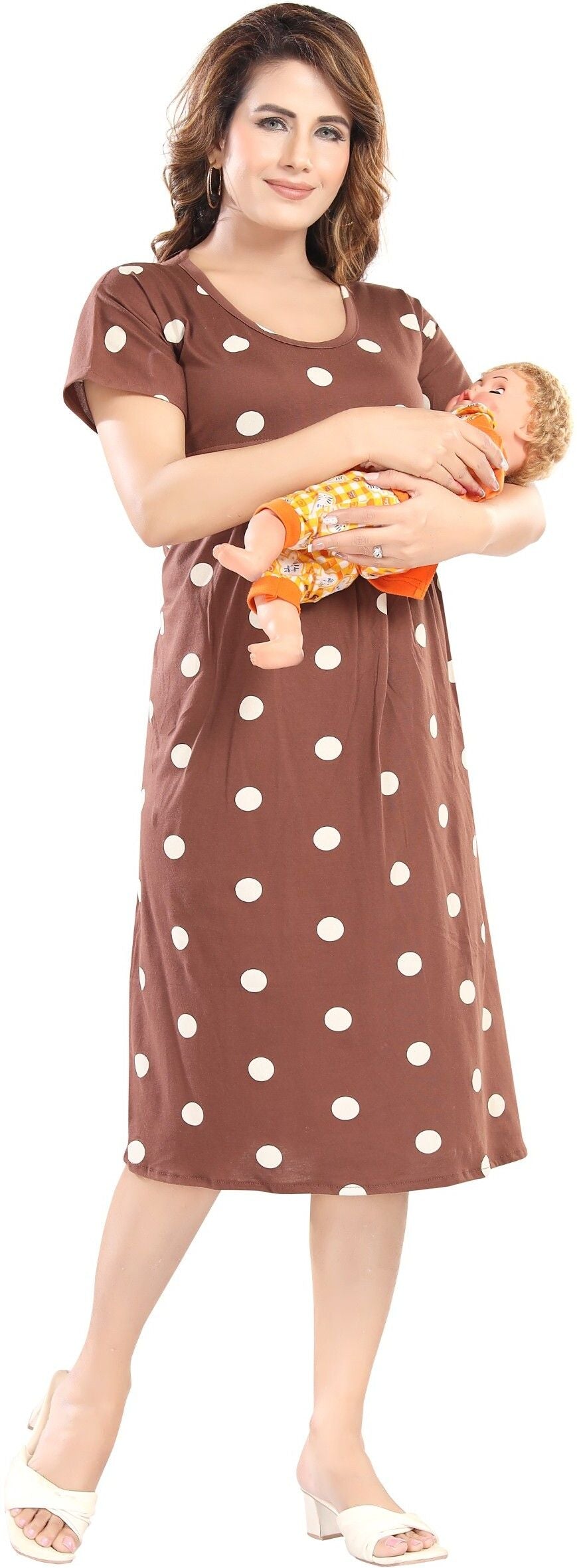 Fabme Women's Pre and Post Pregnancy Below Knee Length Nursing Nighty - Brown