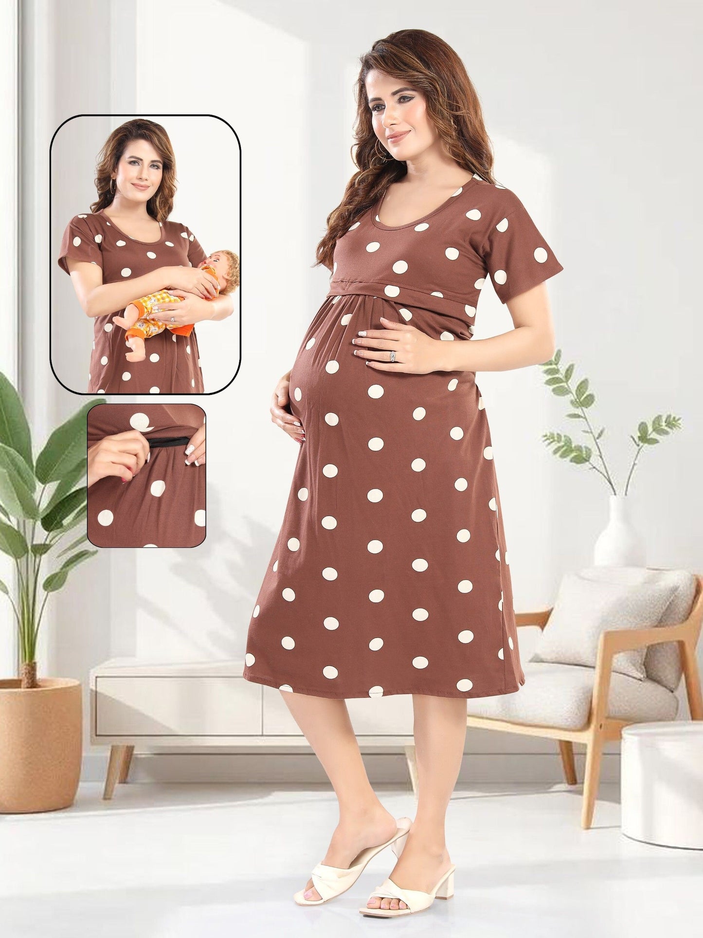Fabme Women's Pre and Post Pregnancy Below Knee Length Nursing Nighty - Brown