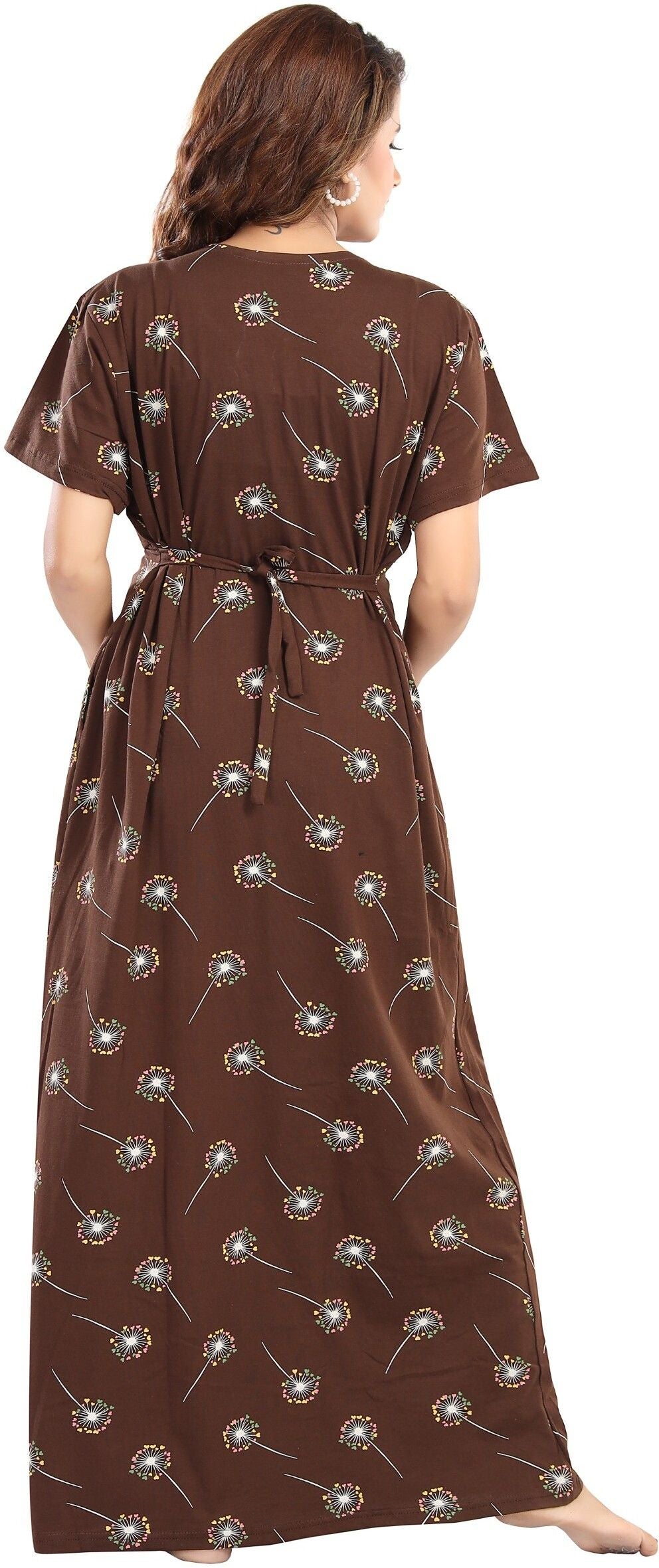 Fabme Women's Full Length Printed Pre and Post Pregnancy Pure Cotton Nursing Nightdress Nighty - Brown