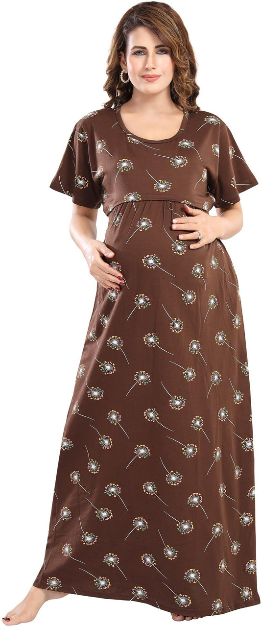 Fabme Women's Full Length Printed Pre and Post Pregnancy Pure Cotton Nursing Nightdress Nighty - Brown