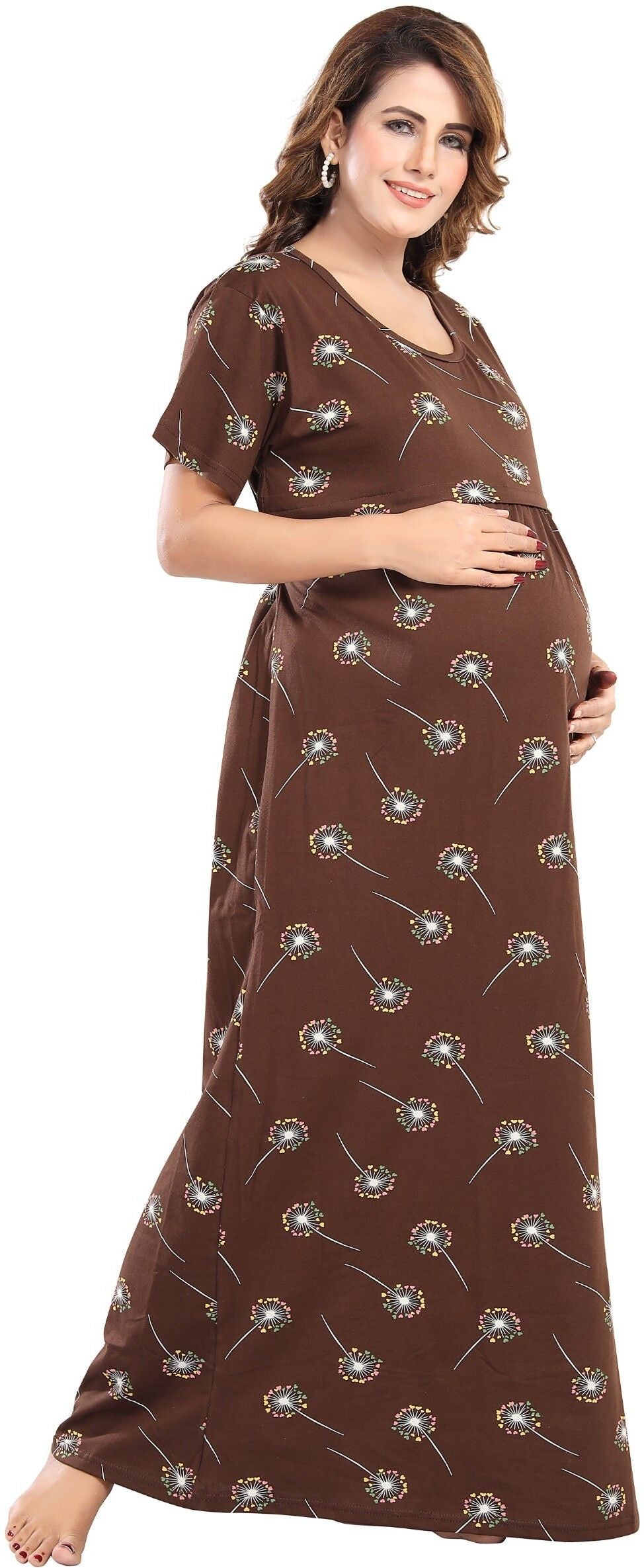 Fabme Women's Full Length Printed Pre and Post Pregnancy Pure Cotton Nursing Nightdress Nighty - Brown