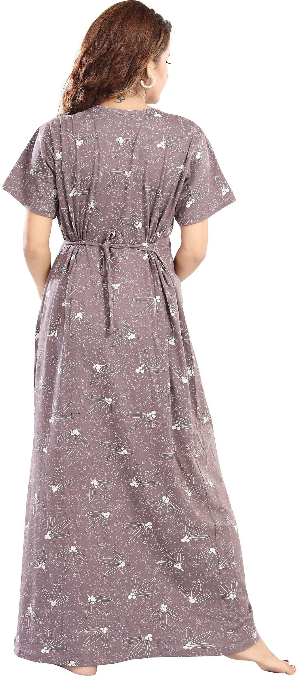 Fabme Women's Full Length Printed Pre and Post Pregnancy Pure Cotton Nursing Nightdress Nighty - Purple Grey