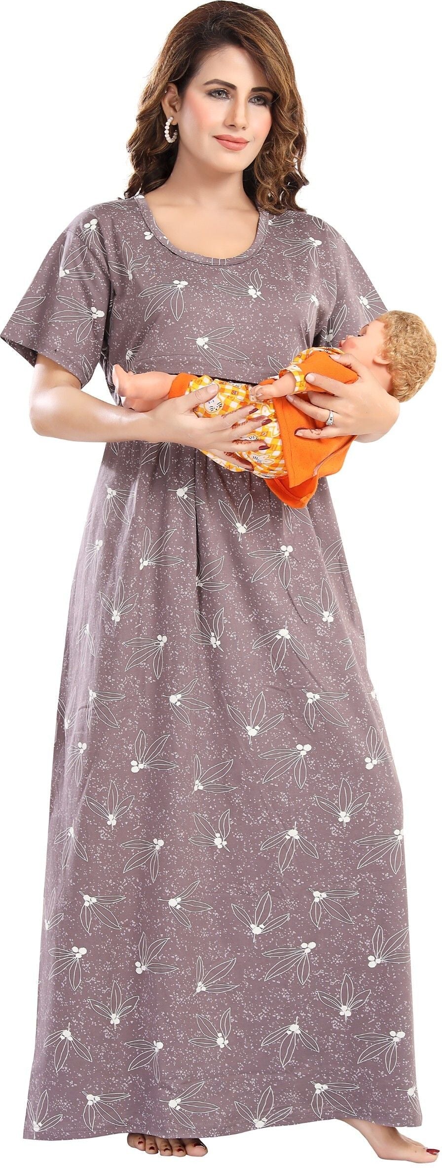 Fabme Women's Full Length Printed Pre and Post Pregnancy Pure Cotton Nursing Nightdress Nighty - Purple Grey