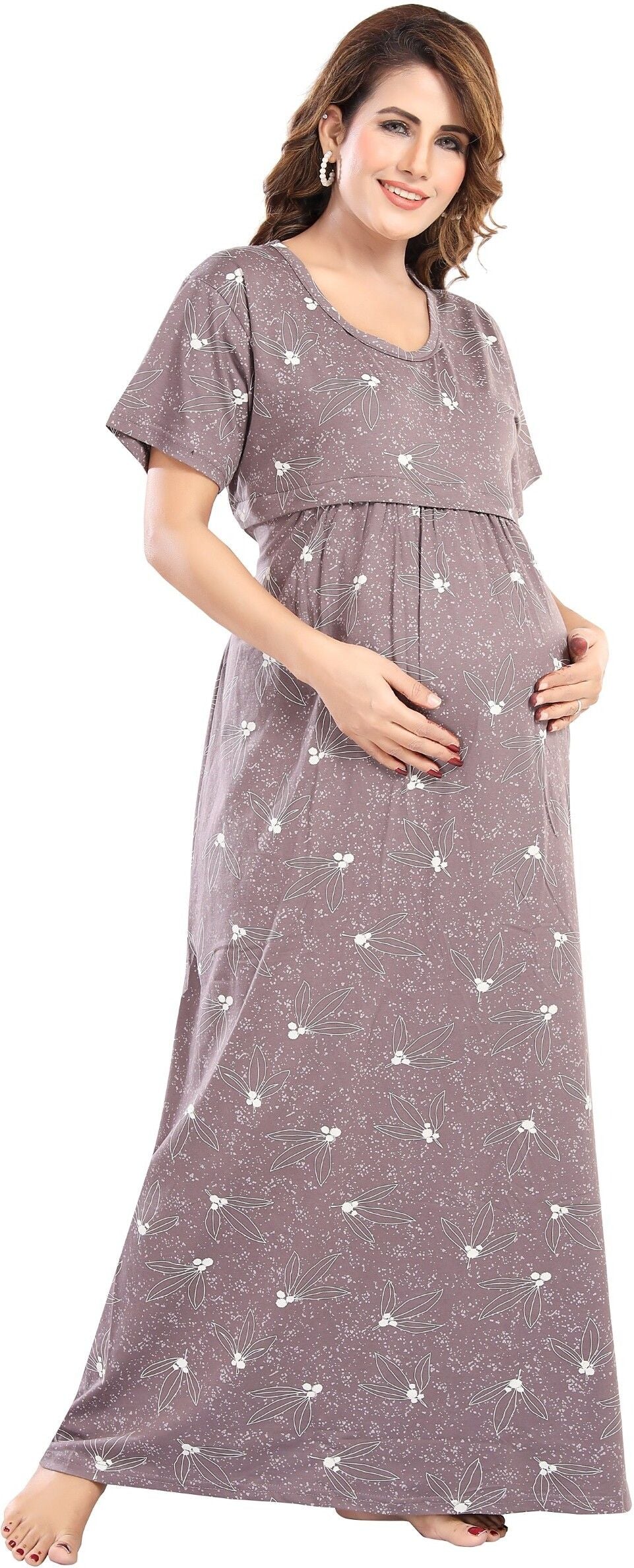 Fabme Women's Full Length Printed Pre and Post Pregnancy Pure Cotton Nursing Nightdress Nighty - Purple Grey