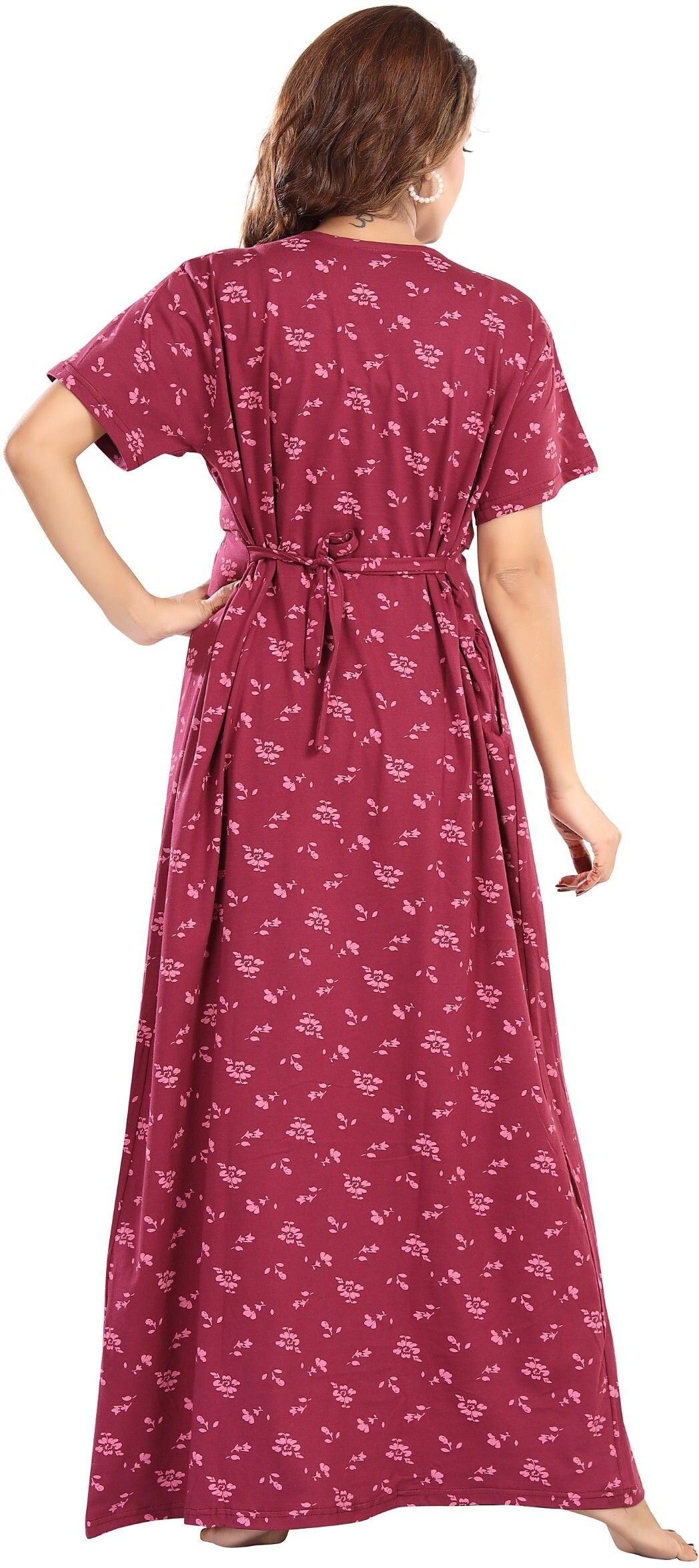 Fabme Women's Full Length Printed Pre and Post Pregnancy Pure Cotton Nursing Nightdress Nighty - Dark Pink