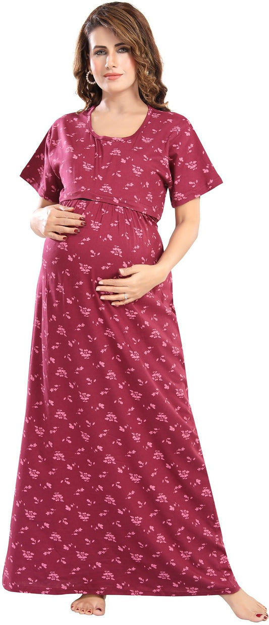 Fabme Women's Full Length Printed Pre and Post Pregnancy Pure Cotton Nursing Nightdress Nighty - Dark Pink