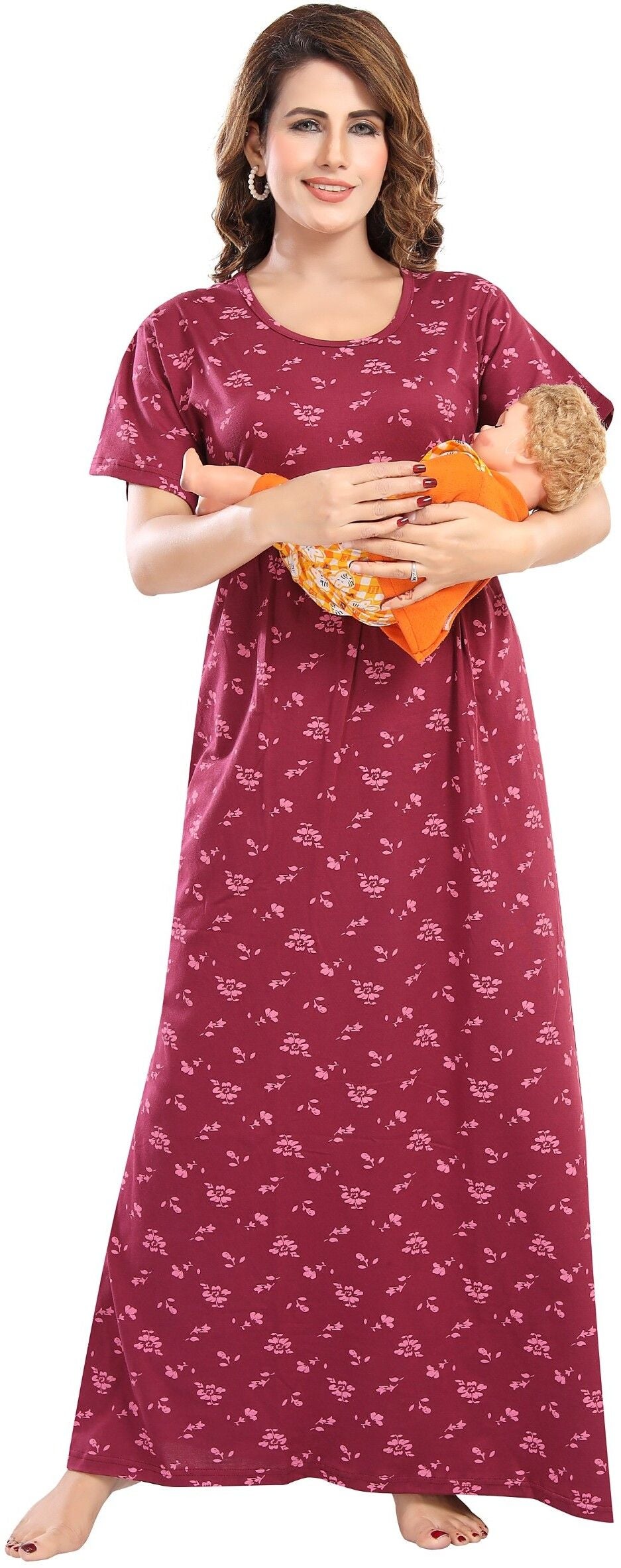 Fabme Women's Full Length Printed Pre and Post Pregnancy Pure Cotton Nursing Nightdress Nighty - Dark Pink